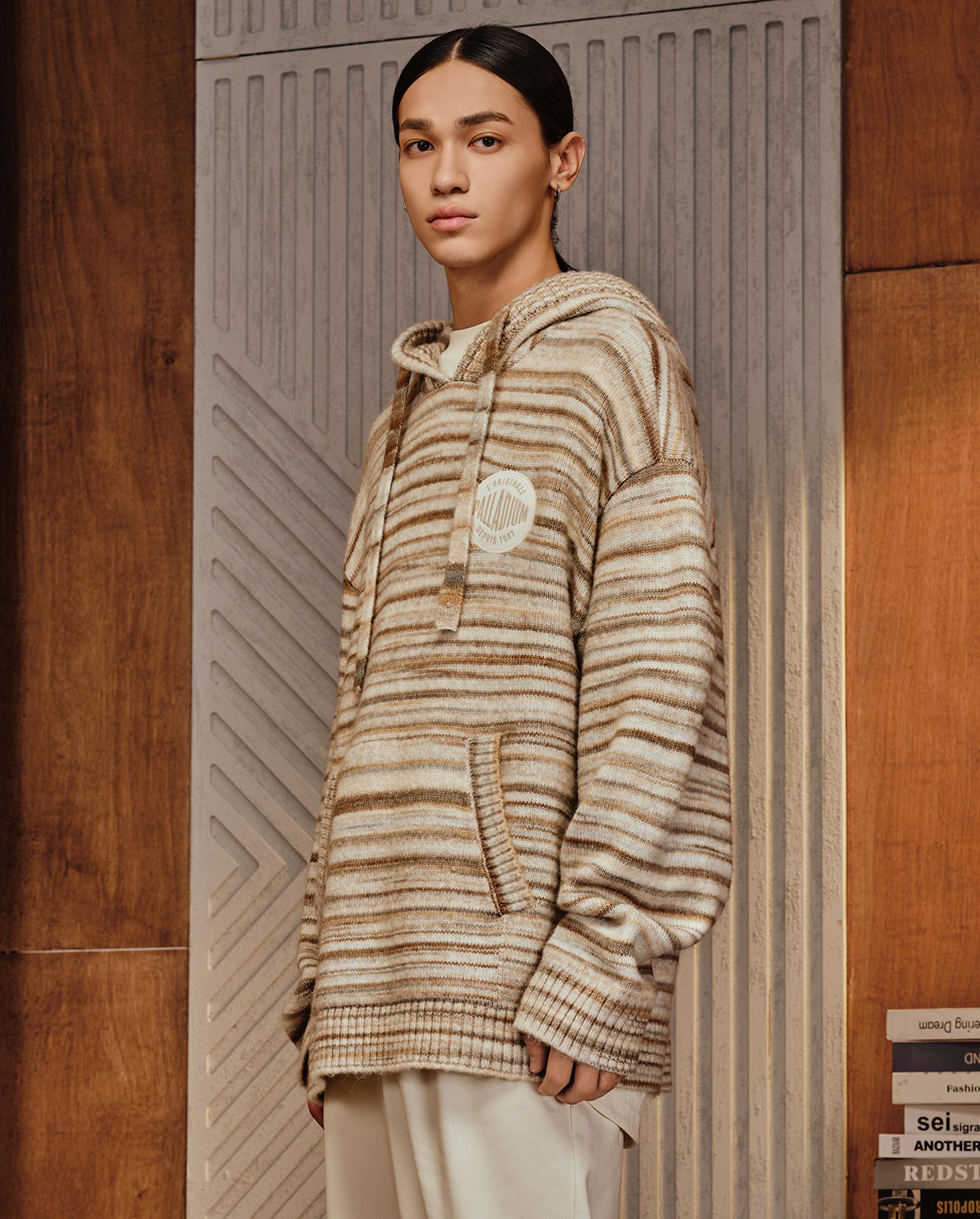 1010676-741 | MEN'S PALLADIUM LOGO STRIPED HOODED SWEATER | KHAKI/WHITE - Image 2
