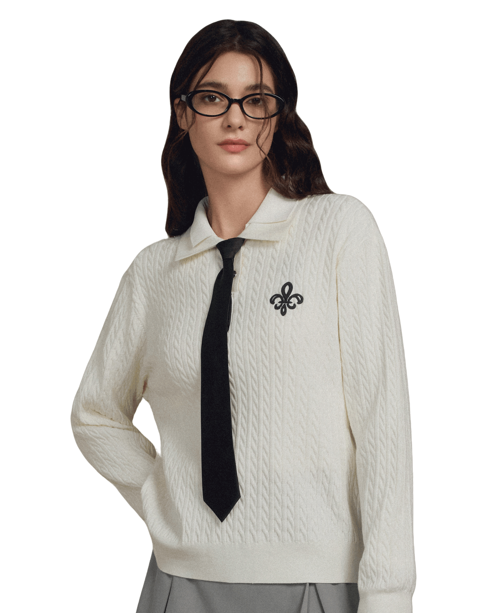 1911980-232 | WOMEN'S IRIS LOGO CABLE-KNIT POLO SWEATER | VANILLA ICE